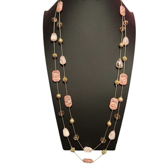 Noir Elegant Pink and Gold Beaded Double Stranded Long Necklace - Picture 1 of 4